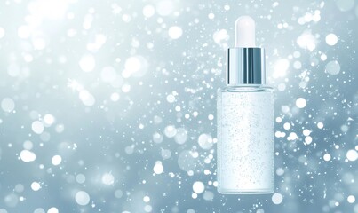 Transparent dropper bottle holding a clear skincare serum with sparkling particles, promoting hydration and beauty concepts