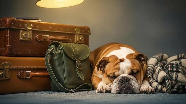 Sad English Bulldog Rests on Blanket Beside Vintage Suitcases and Green Handbag Under Warm Lamp Light Cozy Domestic Atmosphere