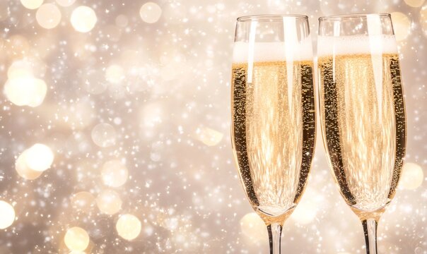 Champagne glasses clinking during a celebration, filled with sparkling wine and bubbles, against a festive golden bokeh background