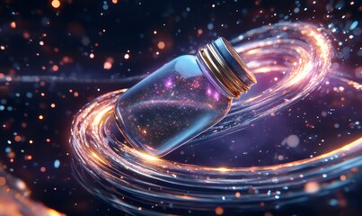 Jar filled with a swirling galaxy, shimmering stardust, and abstract cosmic elements, creating a magical universe