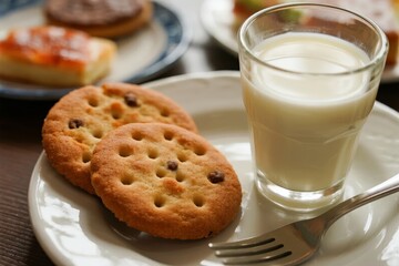 Two chocolate chip cookies and a glass of milk on a white plate with a fork