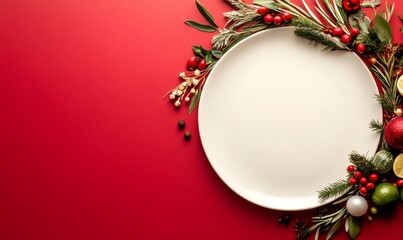 Blank white plate on a red background with fir branches, red berries, and holiday ornaments, creating a festive frame