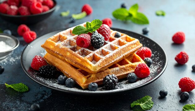 Delicious Belgian waffles topped with fresh mixed berries, mint, and powdered sugar, a perfect sweet breakfast or dessert