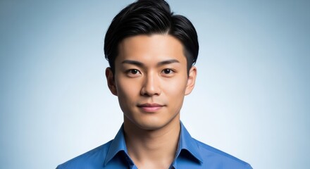 Handsome young adult male with dark hair wears a bright blue button-up shirt against a light blue gradient background