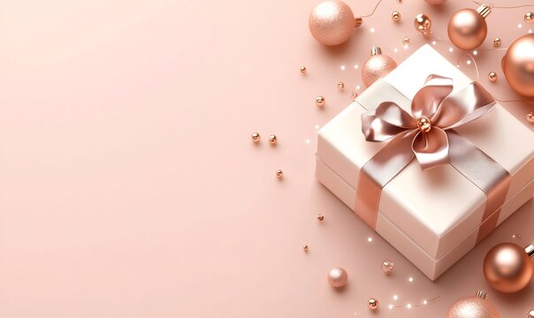Gift box with a satin bow, surrounded by shimmering rose gold christmas baubles and decorative beads on a pink background