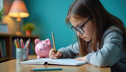 Young girl with glasses writes in workbook with pencil. Sits at desk, focused on schoolwork. Pink piggy bank, colorful pencils, lamp on table. Student learns about money, future savings at home.