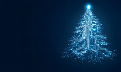 Glowing circuit board lines and sparkling particles creating a futuristic christmas tree silhouette, representing technology and holidays