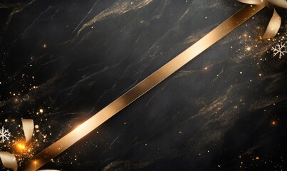Elegant gold ribbon on a dark marble surface with sparkling glitter and winter snowflakes, creating a luxurious festive backdrop