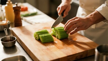Chef slicing green zucchini on a wooden cutting board in a kitchen