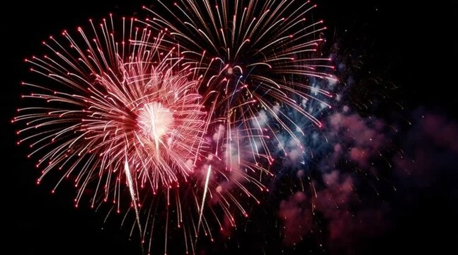 Vibrant fireworks exploding in the night sky create a stunning visual display for festive celebrations and patriotic events with dynamic, colorful bursts
