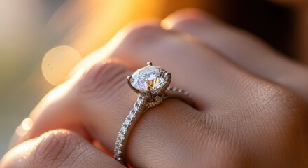 Brilliant solitaire gemstone ring adorns a finger under warm golden light