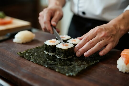 Chef slicing sushi rolls on a wooden cutting board with nori and rice - Powered by Adobe
