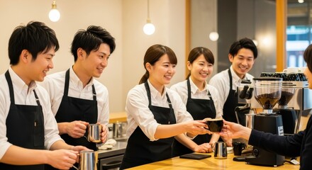 Group of smiling service staff in matching aprons serving a hot beverage to a patron across a counter