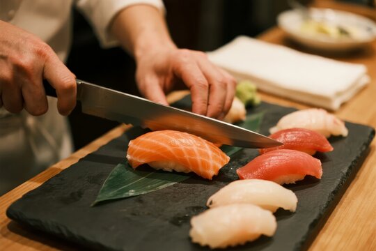 Chef slicing fresh sushi on a slate plate with various types of fish