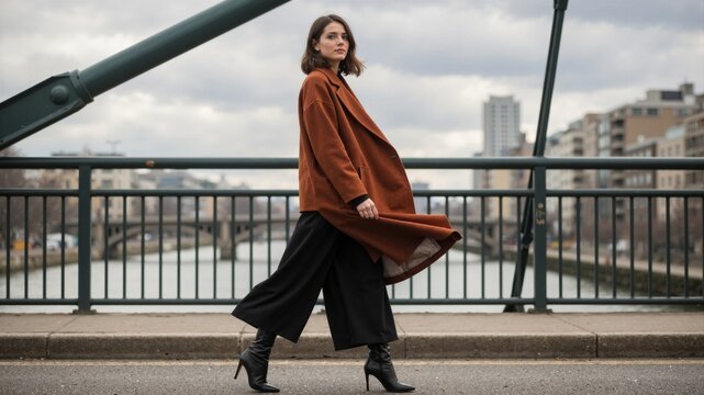 Woman in brown coat walking on bridge with city skyline in background on a cloudy day looking back