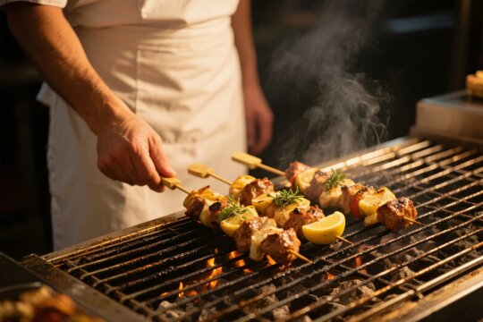 Chef grilling meat skewers with lemon and herbs on a barbecue grill - Powered by Adobe