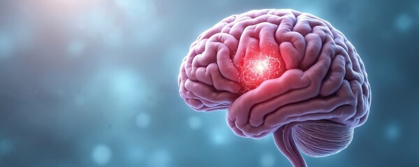 Illustration of human brain highlighting stroke. Medical graphic of cerebral hemorrhage with surrounding damage. Neurology science concept for healthcare education research.
