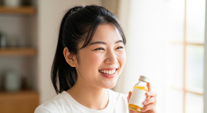 Young woman with dark hair tied back smiles happily while holding a small glass bottle with a yellow beverage indoors