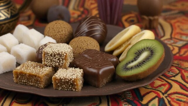 Traditional sweets assortment with cubes and sesame treats.