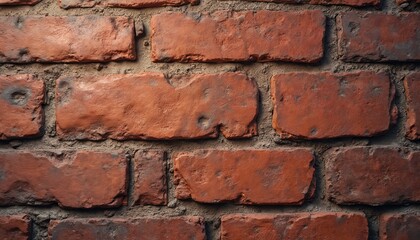 Detailed close up of red brick wall texture. Rustic pattern with orange brick, grey cement. Rough surface for backdrop or wallpaper background. Architecture, design, material, construction concept.