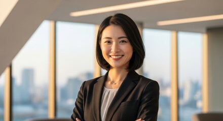 Professional East Asian businesswoman confidently poses in a modern office space overlooking a cityscape