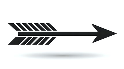 Black arrow silhouette with diagonal striped fletching on isolated background, perfect for graphic design projects and directional signage.