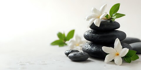 Fototapeta premium Zen spa composition with stacked black massage stones and delicate white jasmine flowers on light background, creating tranquil atmosphere for wellness treatments.