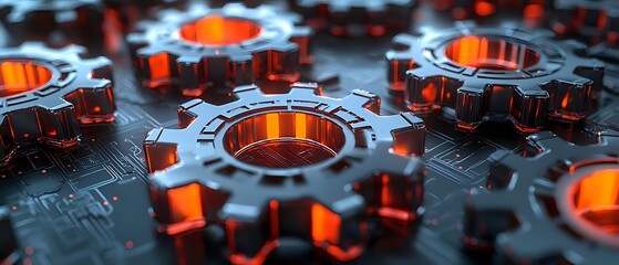 Glowing metallic gears with orange illumination on dark circuit board background, symbolizing technology integration and mechanical engineering.