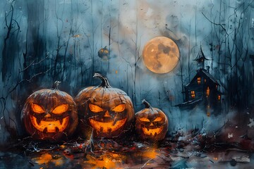 Glowing jack-o-lanterns with carved faces illuminate misty forest at night, haunted house and full moon in background creating spooky Halloween atmosphere.