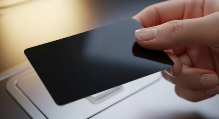 Female hand inserts a blank black card into a modern electronic device slot
