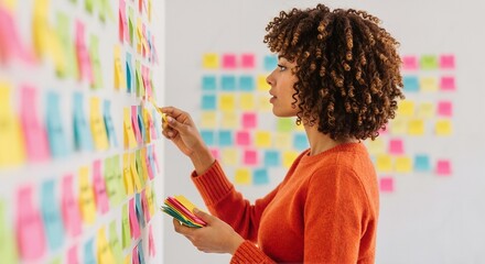 Woman with curly hair placing sticky notes on a wall covered with colorful sticky notes for planning