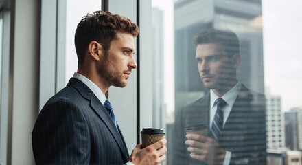 Man in suit holding coffee cup looking out window with reflection in a modern office building