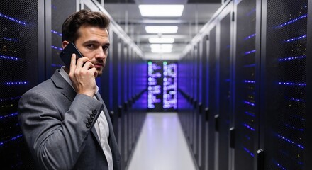 Man in suit talking on phone in server room with blue lights and rows of servers in the background