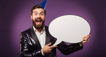 Man with party hat and sequin jacket holding speech bubble against a purple colored background