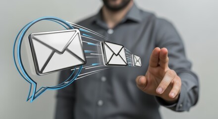 A person pointing at email icons coming out of a speech bubble in a digital interface display