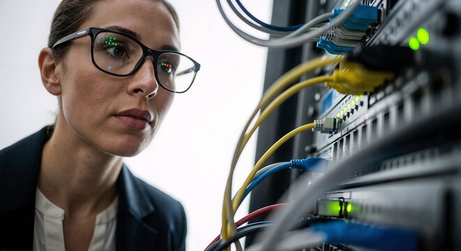 Woman with glasses inspecting server cables in a data center with green lights and network equipment