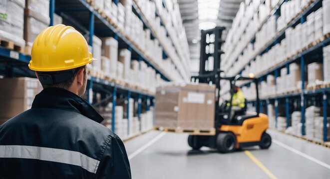 Man in hardhat observing forklift transporting boxes in a warehouse with shelves filled with boxes