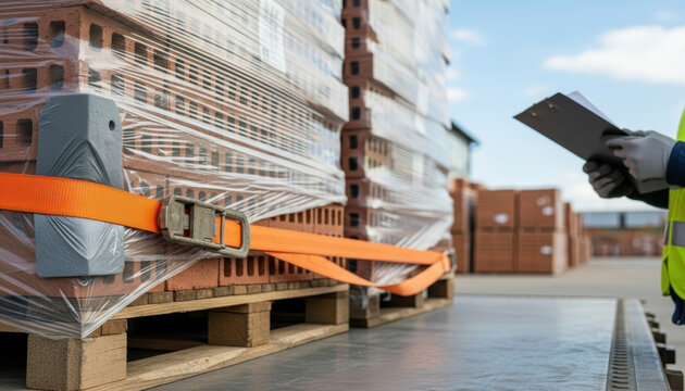 A worker inspecting a pallet of bricks secured with an orange strap and wrapped in clear plastic film