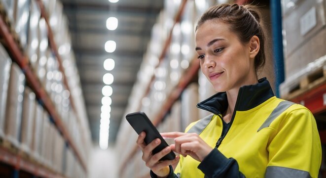Woman in warehouse using smartphone wearing safety vest with rows of shelves in the background