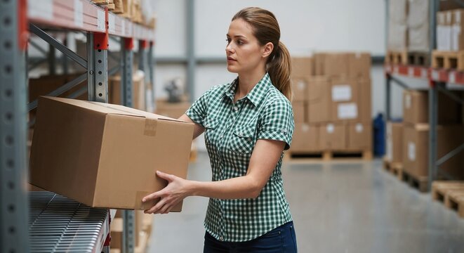 A woman in a green shirt lifting a cardboard box in a warehouse with shelves full of boxes around her