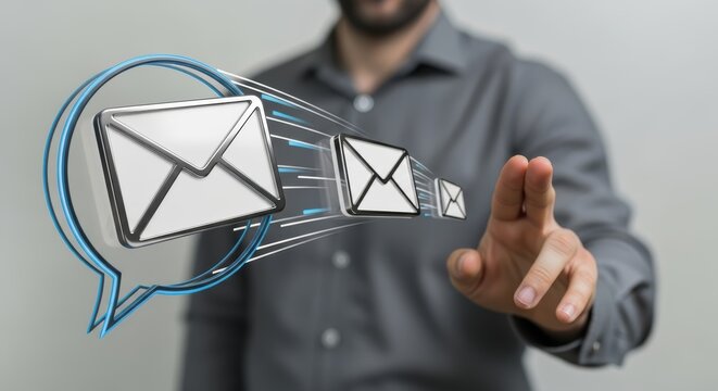 A person pointing at email icons coming out of a speech bubble in a digital interface display