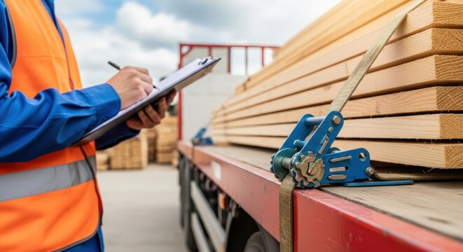 Worker inspecting lumber load secured with ratchet straps on a flatbed truck for transport check