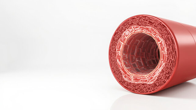 Anatomy of blood vessel cross section showing layers. 3D scientific illustration of healthy artery or vein on white background.