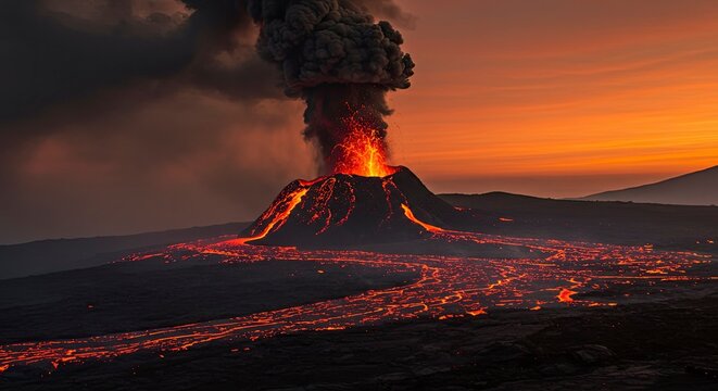 Fiery Volcano Eruption at Sunset with Lava Flow