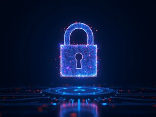 Glowing digital padlock made of particles and circuit lines on a dark futuristic background.cybersecurity, digital, padlock, lock, secure, privacy, protection, encryption, data, network, firewall, acc