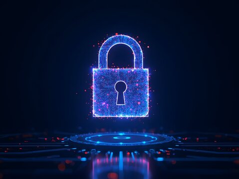 Glowing digital padlock made of particles and circuit lines on a dark futuristic background.cybersecurity, digital, padlock, lock, secure, privacy, protection, encryption, data, network, firewall, acc
