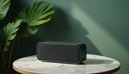 Dark green portable wireless speaker rests on white marble table. Modern tech device plays music indoors. Large green plant leaves in background. Natural light casts shadows on emerald wall, showing
