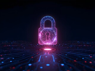 Digital security padlock made from floating circuitry lights on a dark high-tech background.