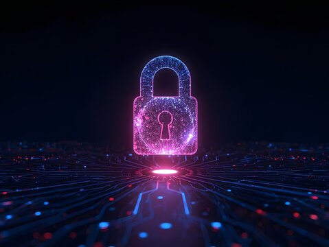 Digital security padlock made from floating circuitry lights on a dark high-tech background.