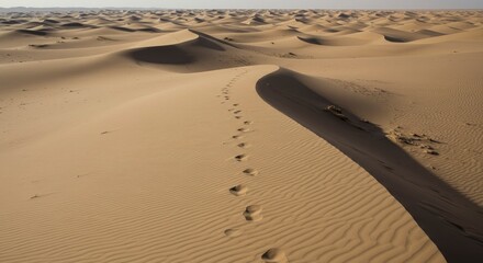 Footprints in vast desert sand dunes